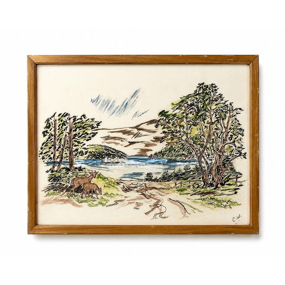 Vintage Landscape Drawing Watercolor Ink Deer Lake Scene Signed C.W. 18x15